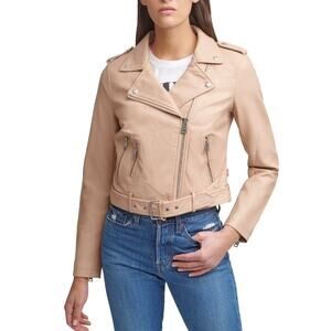 NWOT Levis Beige Moto Jacket Faux Leather Womens Large Belted Essential